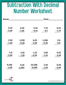 Subtraction With Decimal Number Worksheets For Kids
