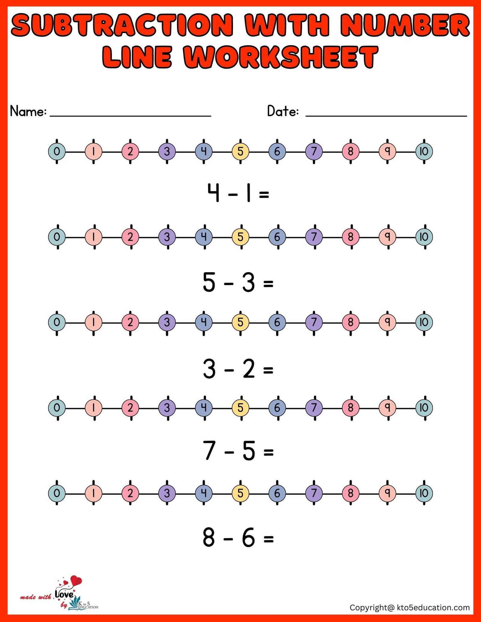 Subtraction With Number Line Printable Worksheet 1-10