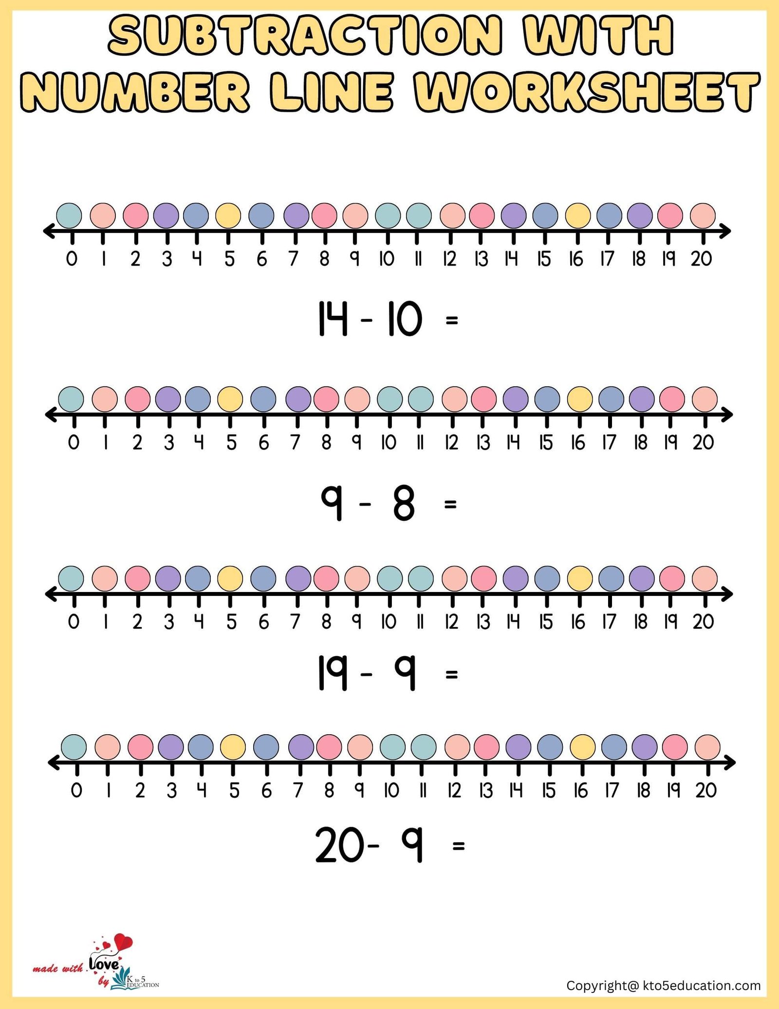 Subtraction With Number Line Printable Worksheet 1-20