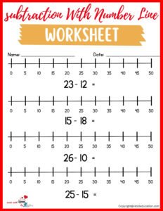 Subtraction With Number Line Printable Worksheet 1-50