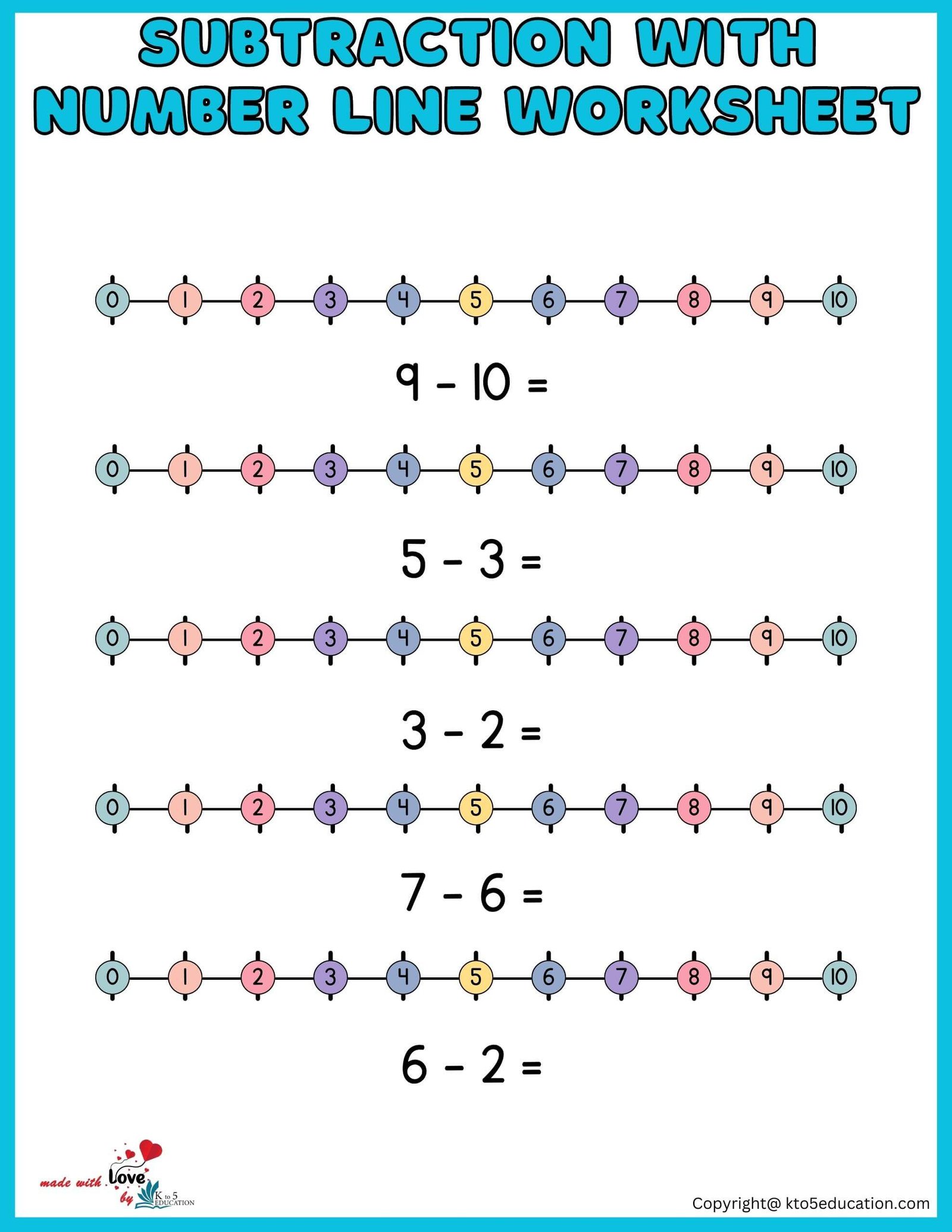 Subtraction Within 20 Number Line Worksheet
