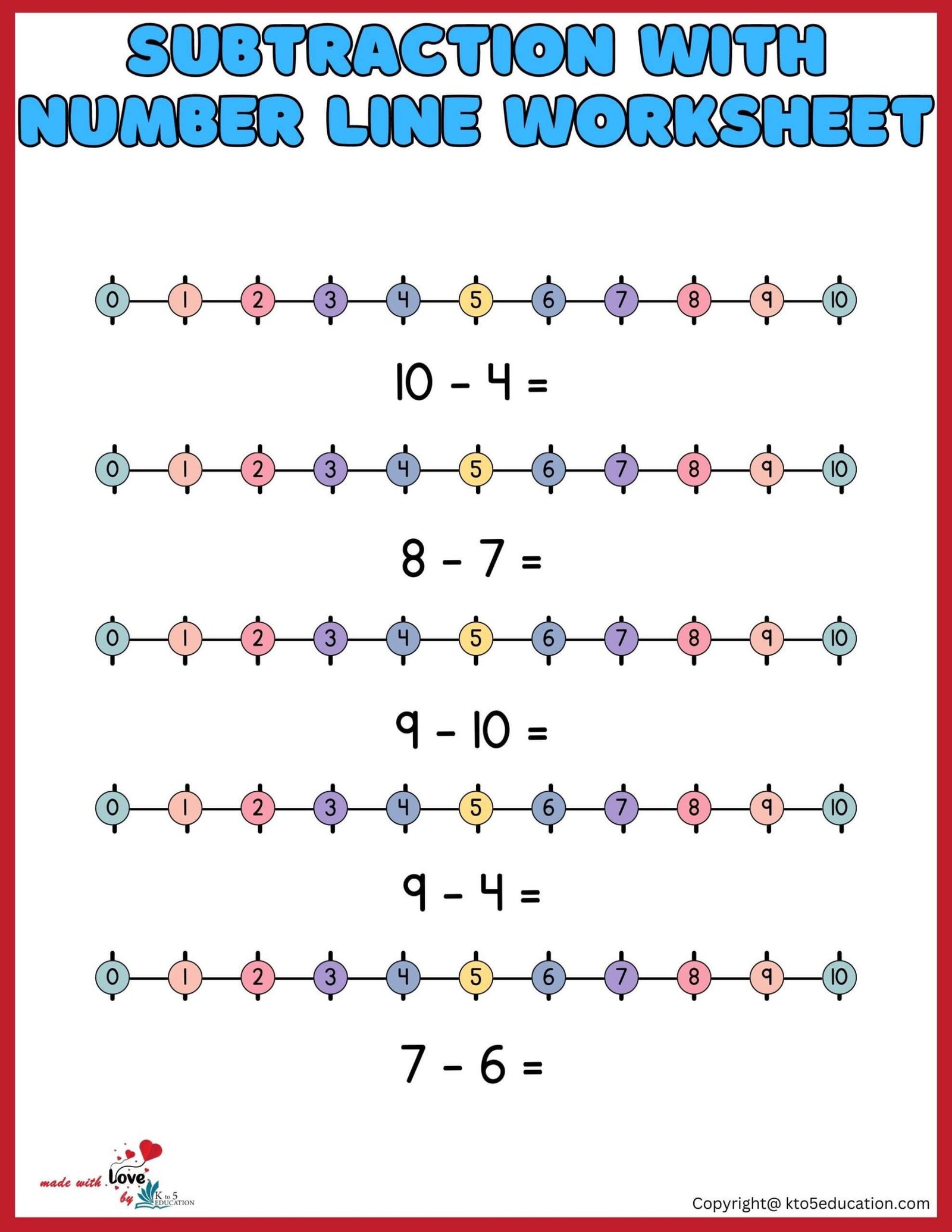 Subtraction With Number Line Worksheet 1 10 For Kids