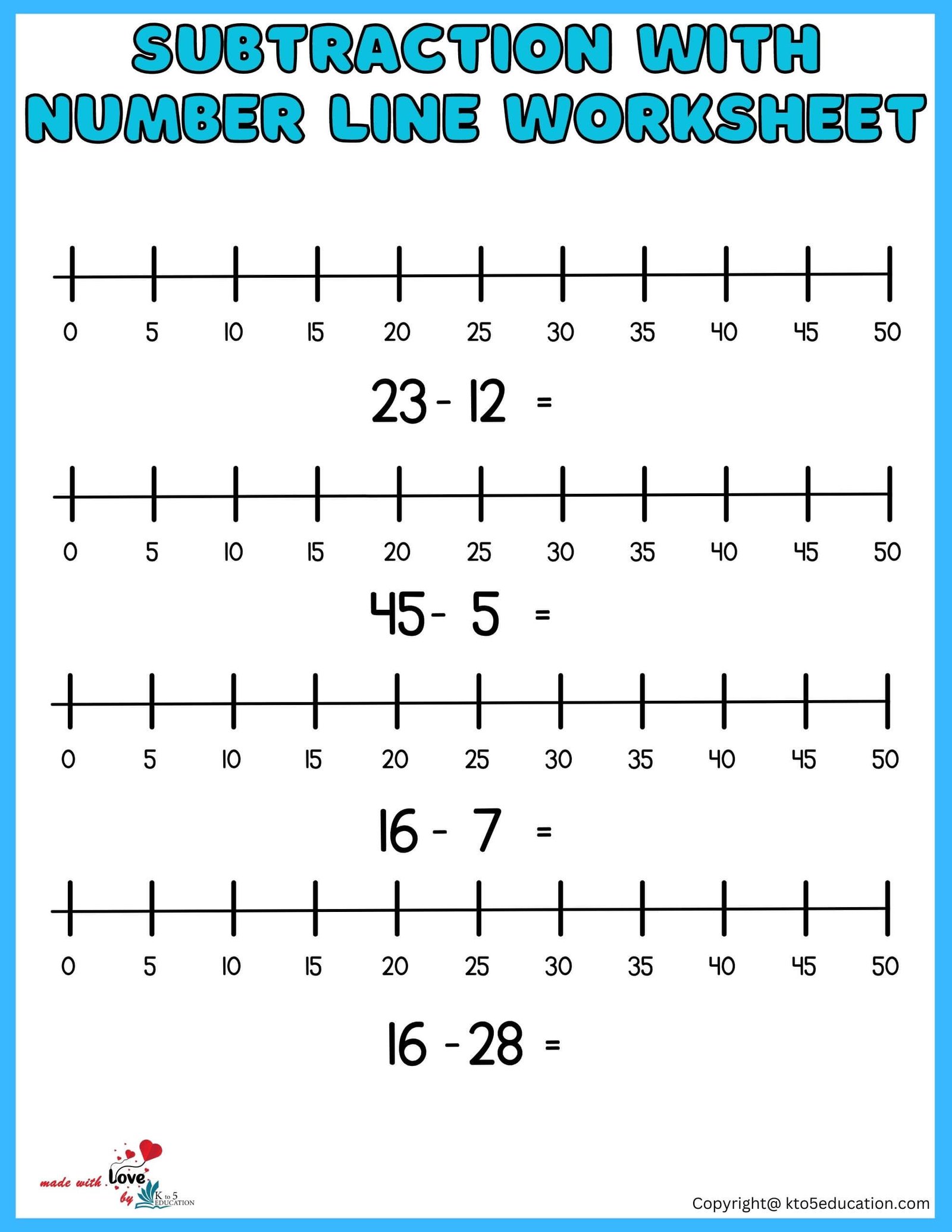 Subtraction With Number Line Worksheet 1-50 3rd Grade