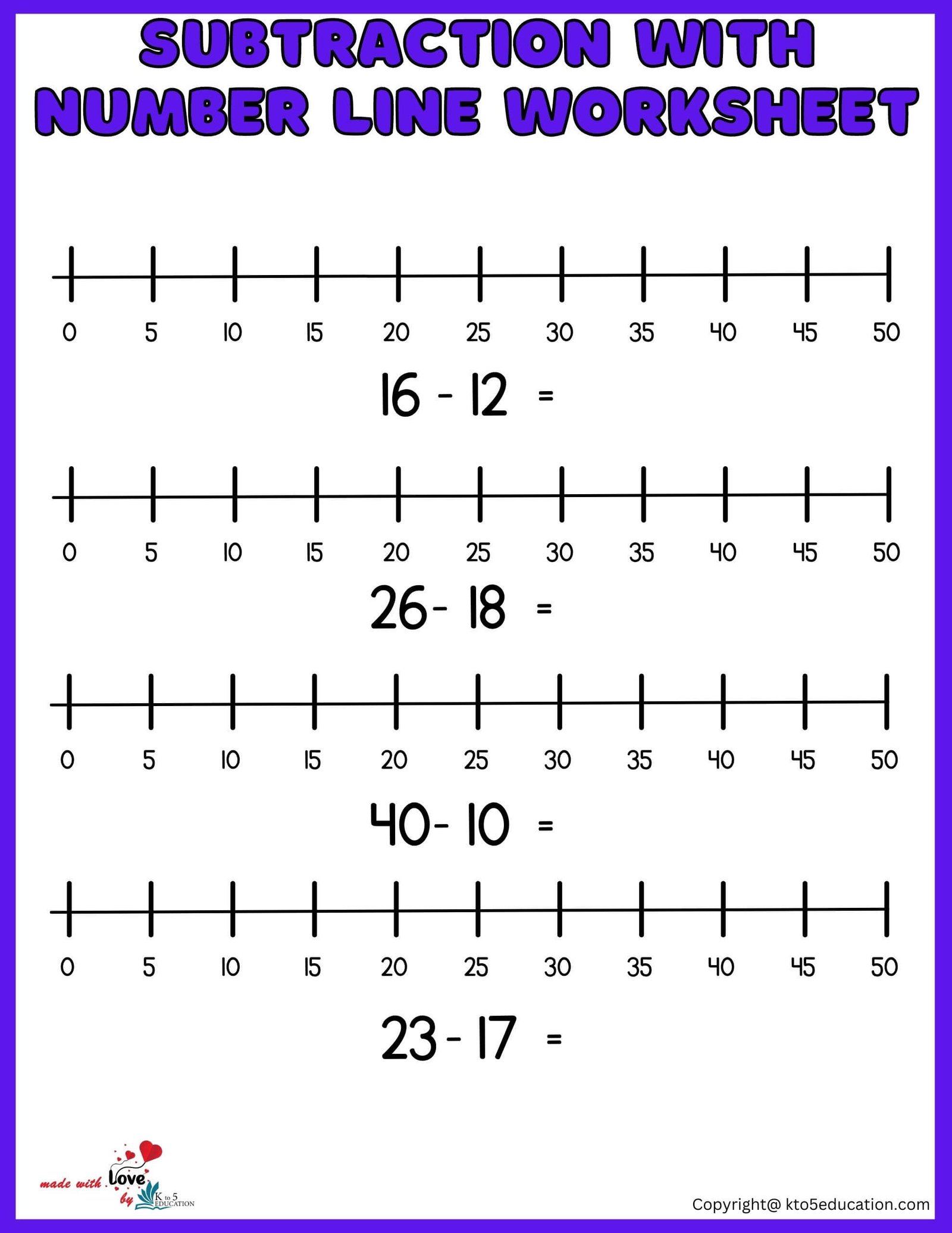 Subtraction With Number Line Worksheet 1-50 For Online Activities