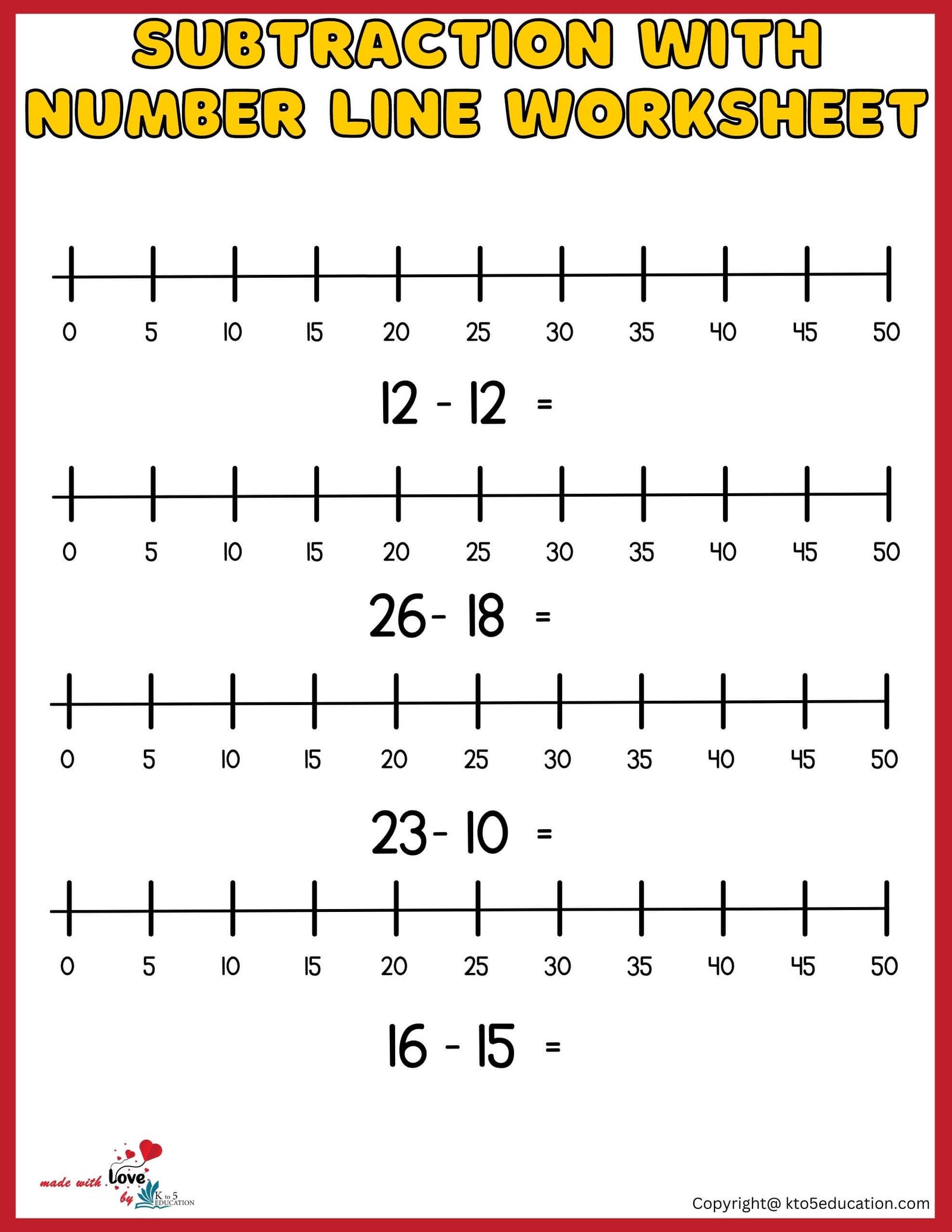 Subtraction With Number Line Worksheet For Kids 1-50