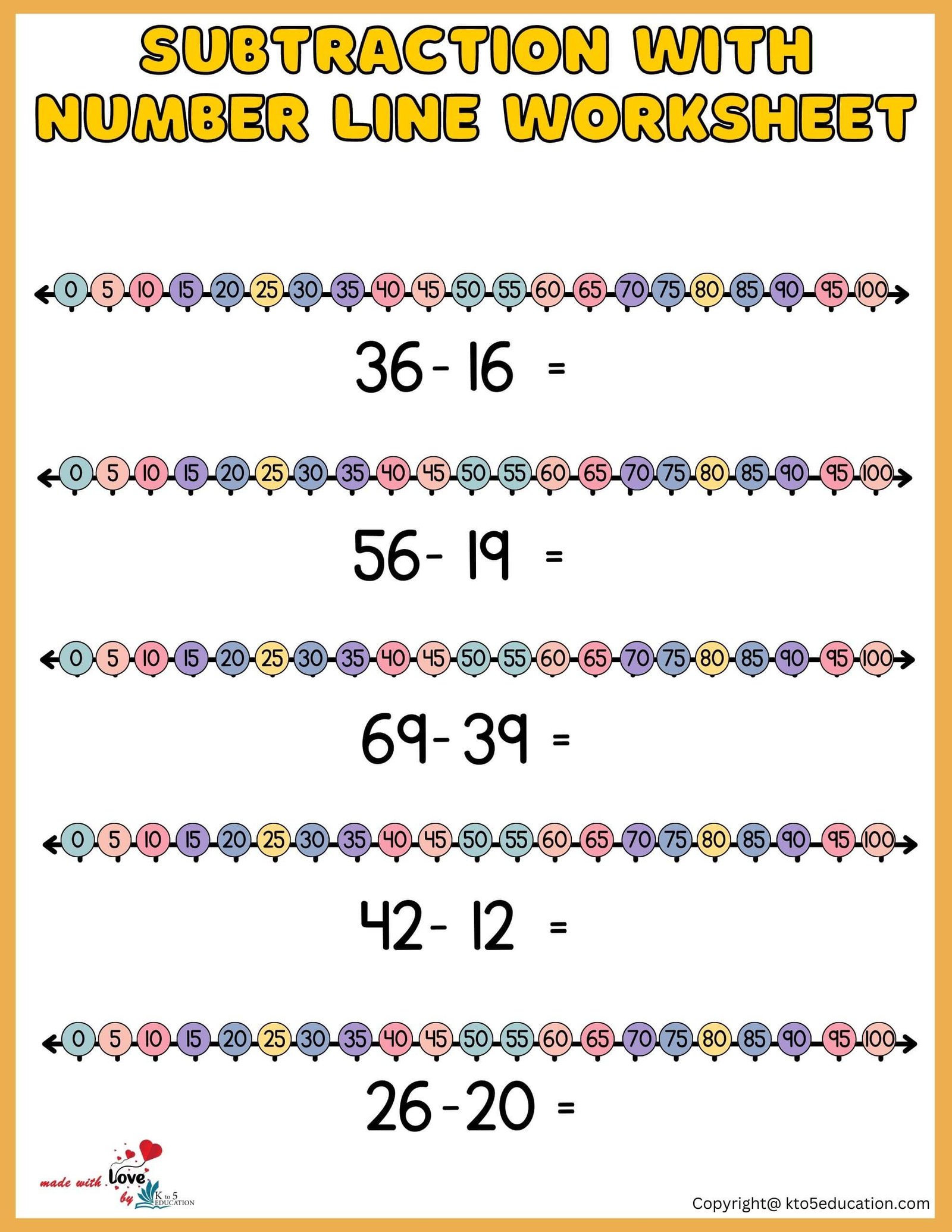 Subtraction With Number Line Worksheets 1-100