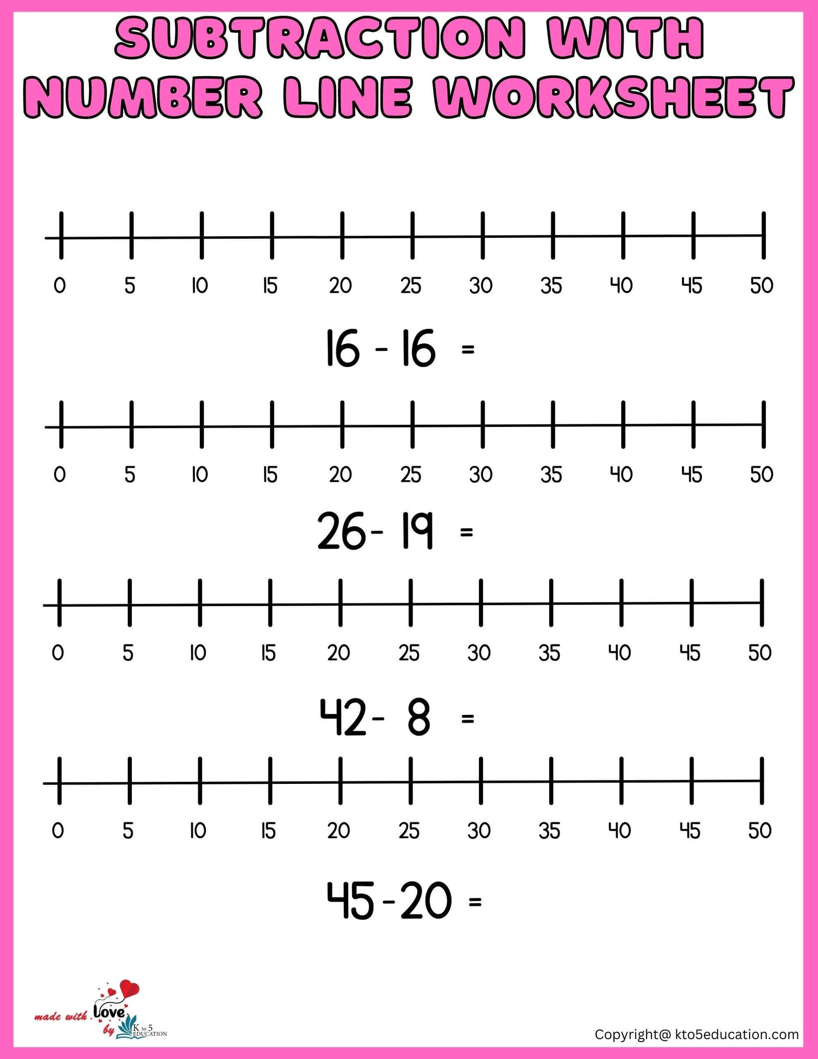 Subtraction With Number Line Worksheets 1-50