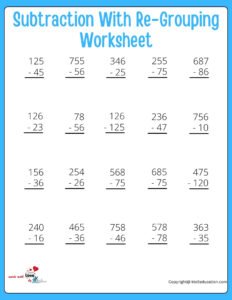 Subtraction With Re-Grouping Online Practice Worksheet