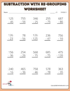 Subtraction With Re-Grouping Printable Worksheet