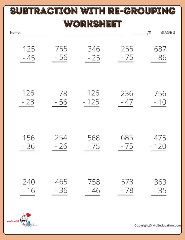 Subtraction With Re-Grouping Printable Worksheet | FREE Download