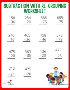 Subtraction With Re-Grouping Worksheet For 3rd Grade
