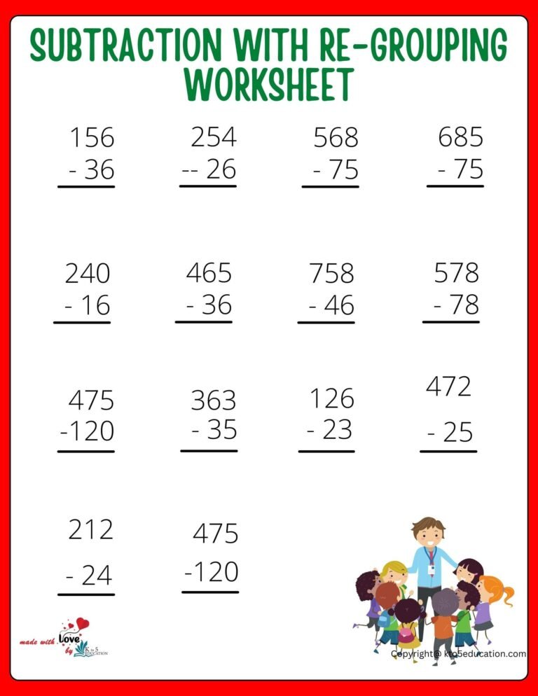 Subtraction With Re-Grouping Worksheet For 3rd Grade | FREE Download