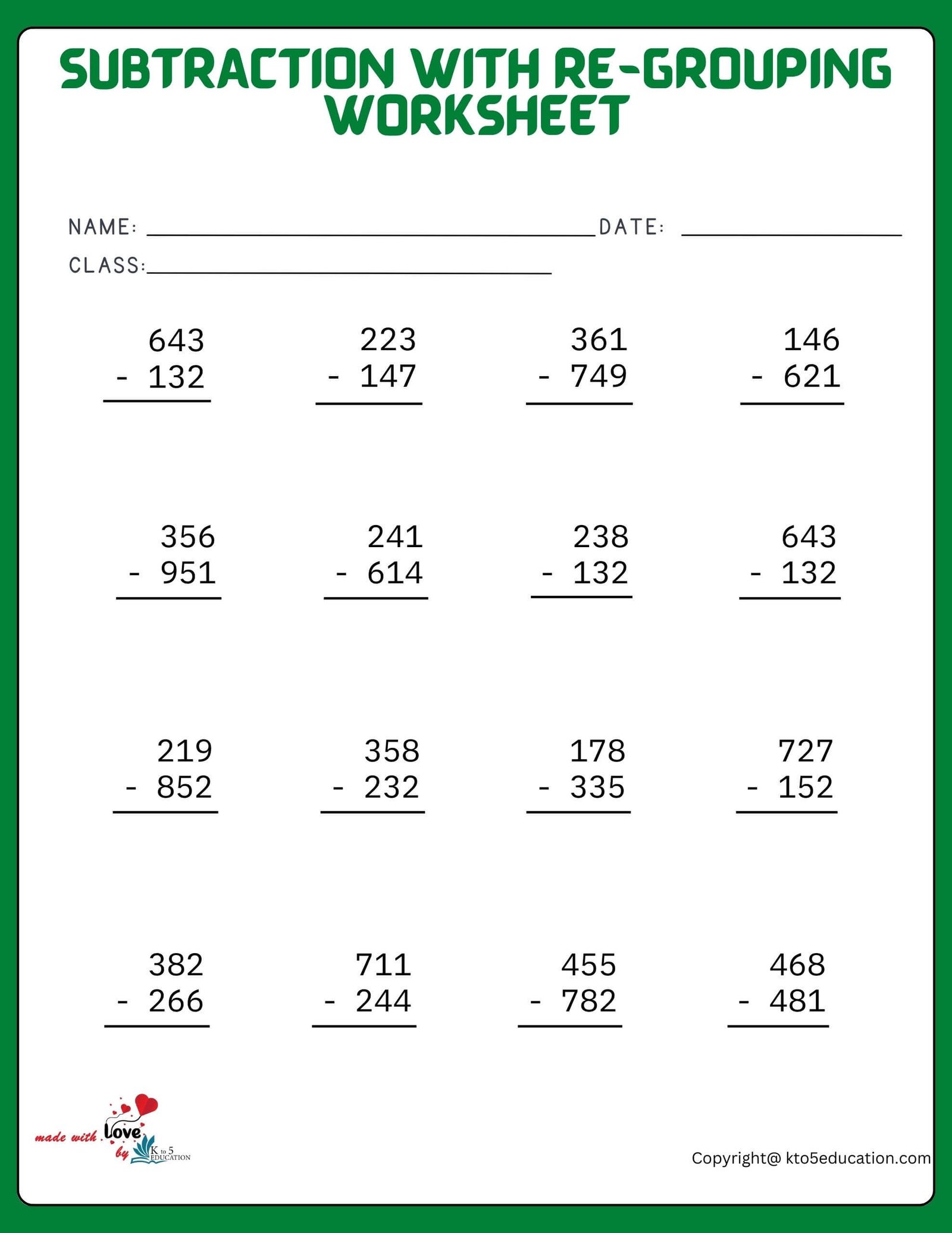 Subtraction With Re-Grouping Worksheet For Kids