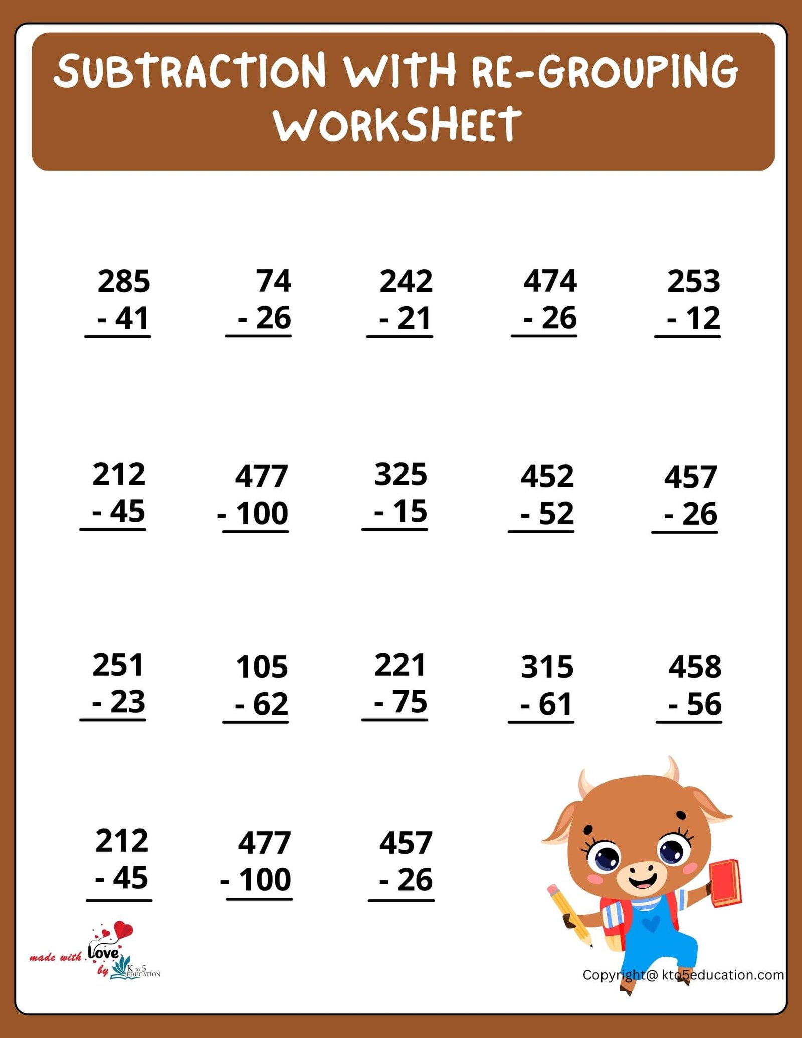 Subtraction With Re-Grouping Worksheet For Online