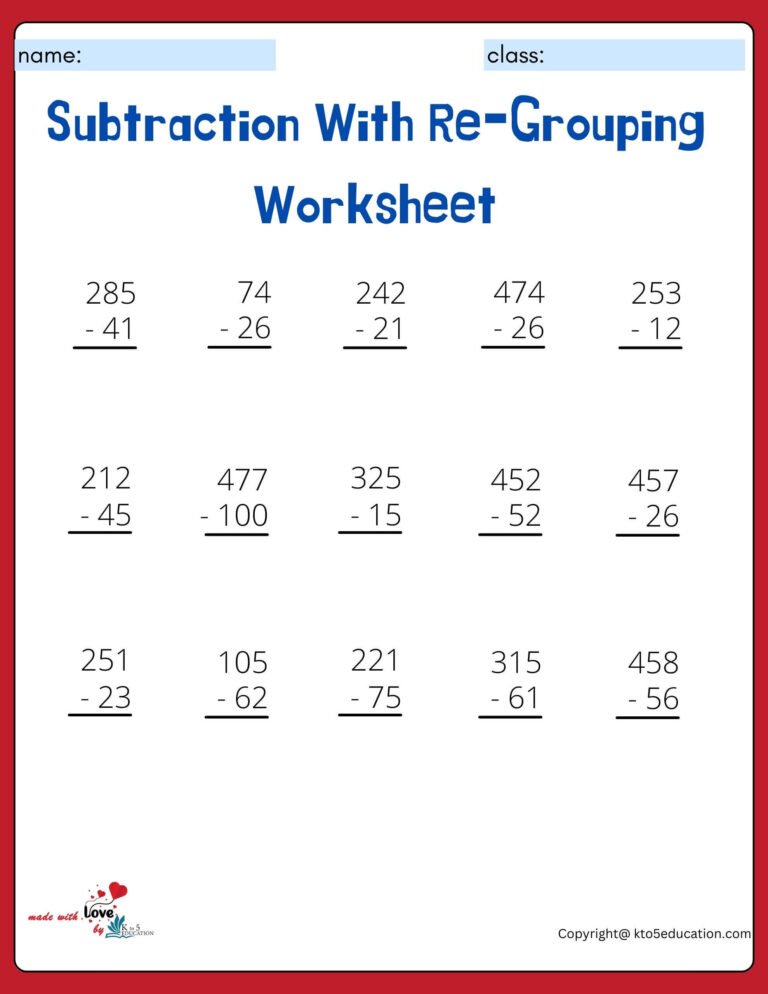 Subtraction With Re-Grouping Worksheets