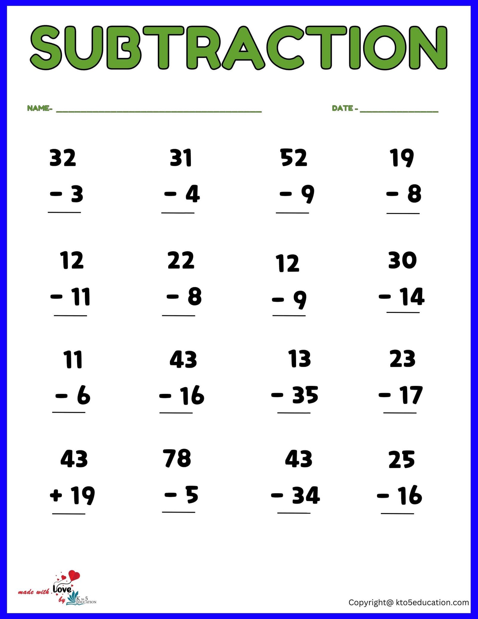 Subtraction Worksheet For Third Grader