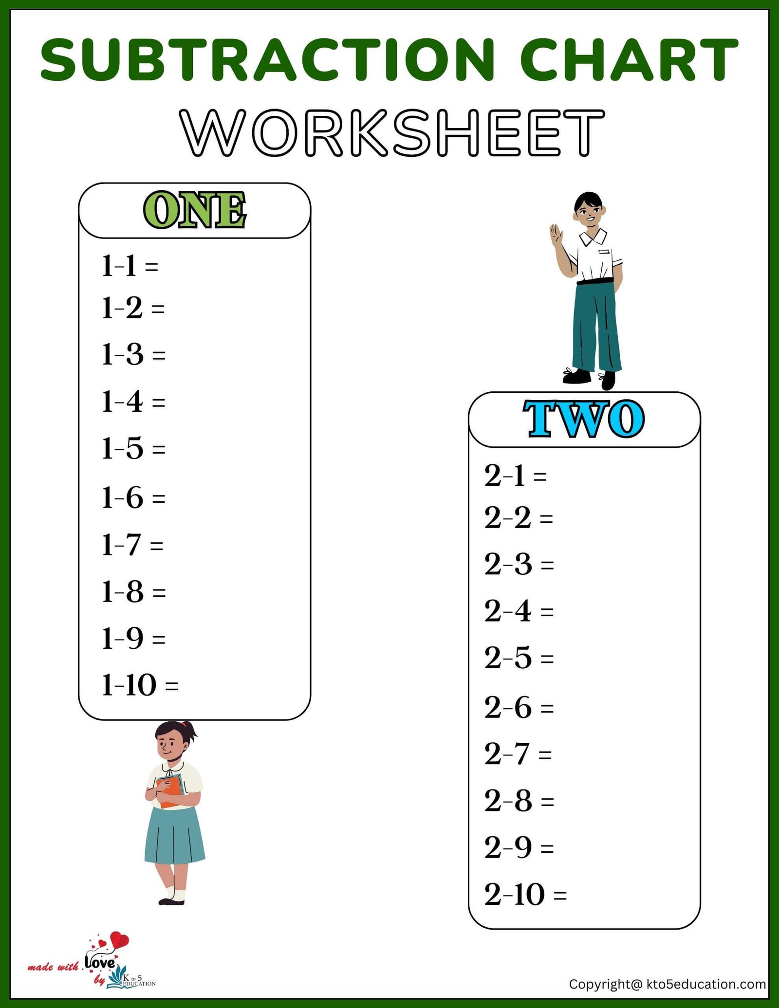 Subtractions Chart Worksheets