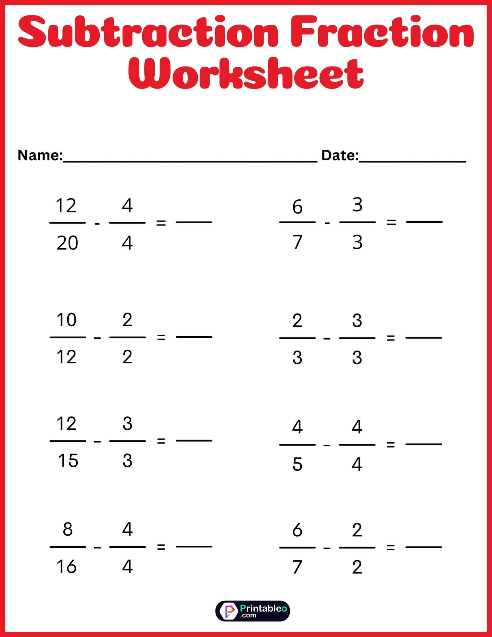 Subtractions Fraction Worksheets