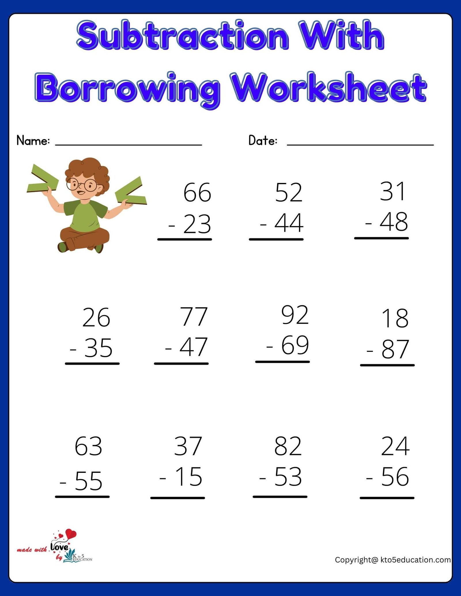 Subtractions With Borrowing Worksheets Printable