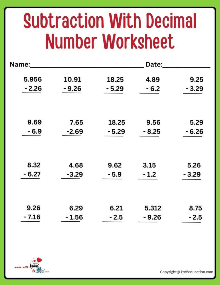 Subtractions With Multiple Decimal Number Worksheet | FREE Download