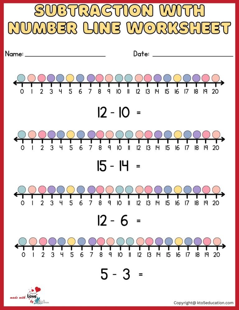 Subtractions With Number Line Worksheets 1-20 | FREE Download