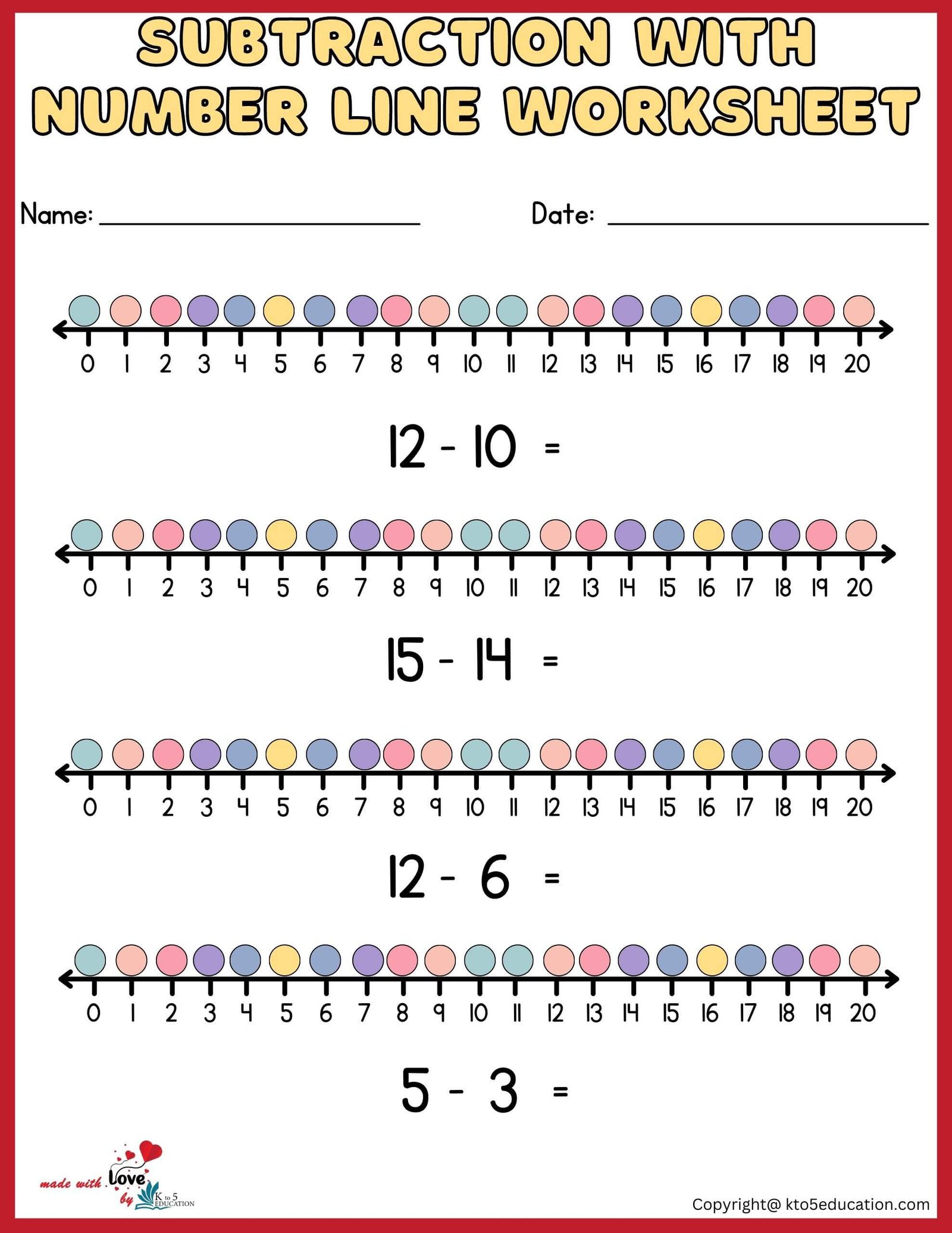 Subtractions With Number Line Worksheets 1-20
