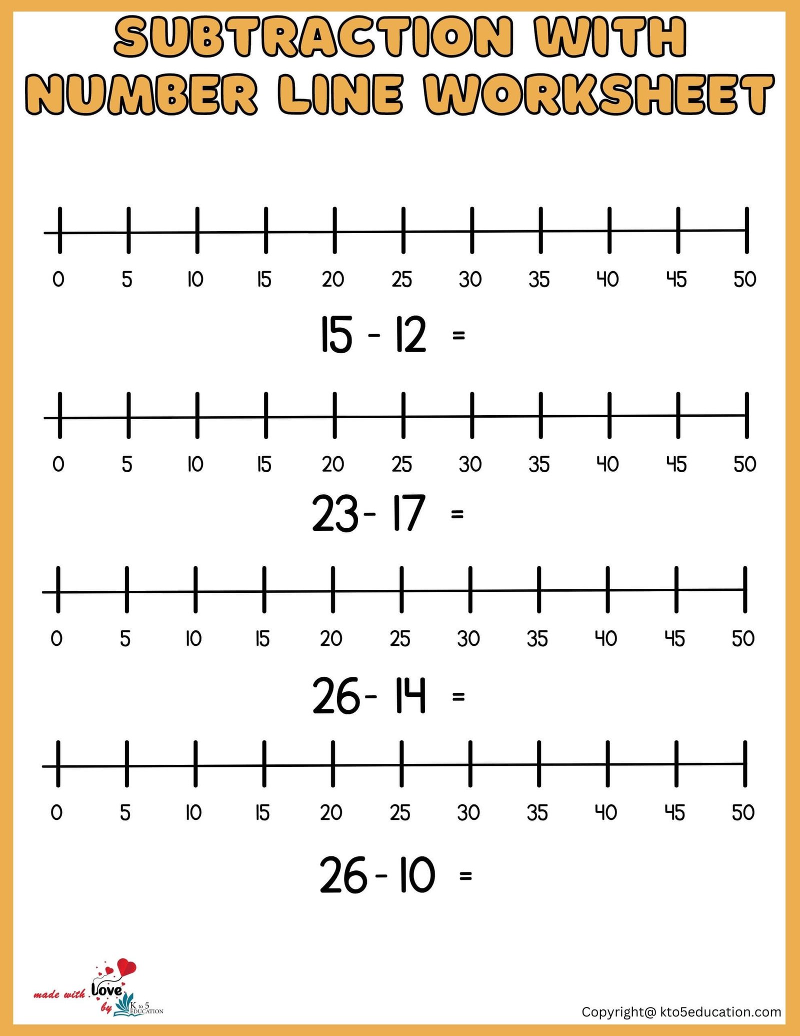 Subtractions With Number Line Worksheets 1-50