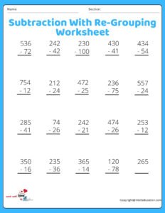 Subtractions With Re-Grouping Worksheets