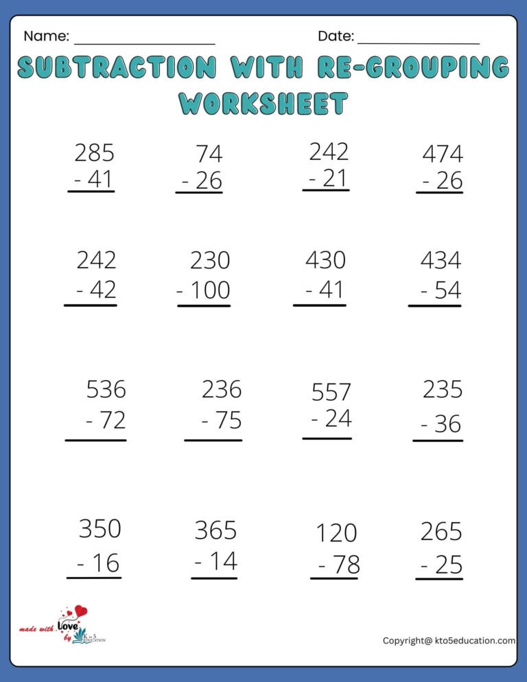 Subtractions With Re-Grouping Worksheets Printable | FREE Download