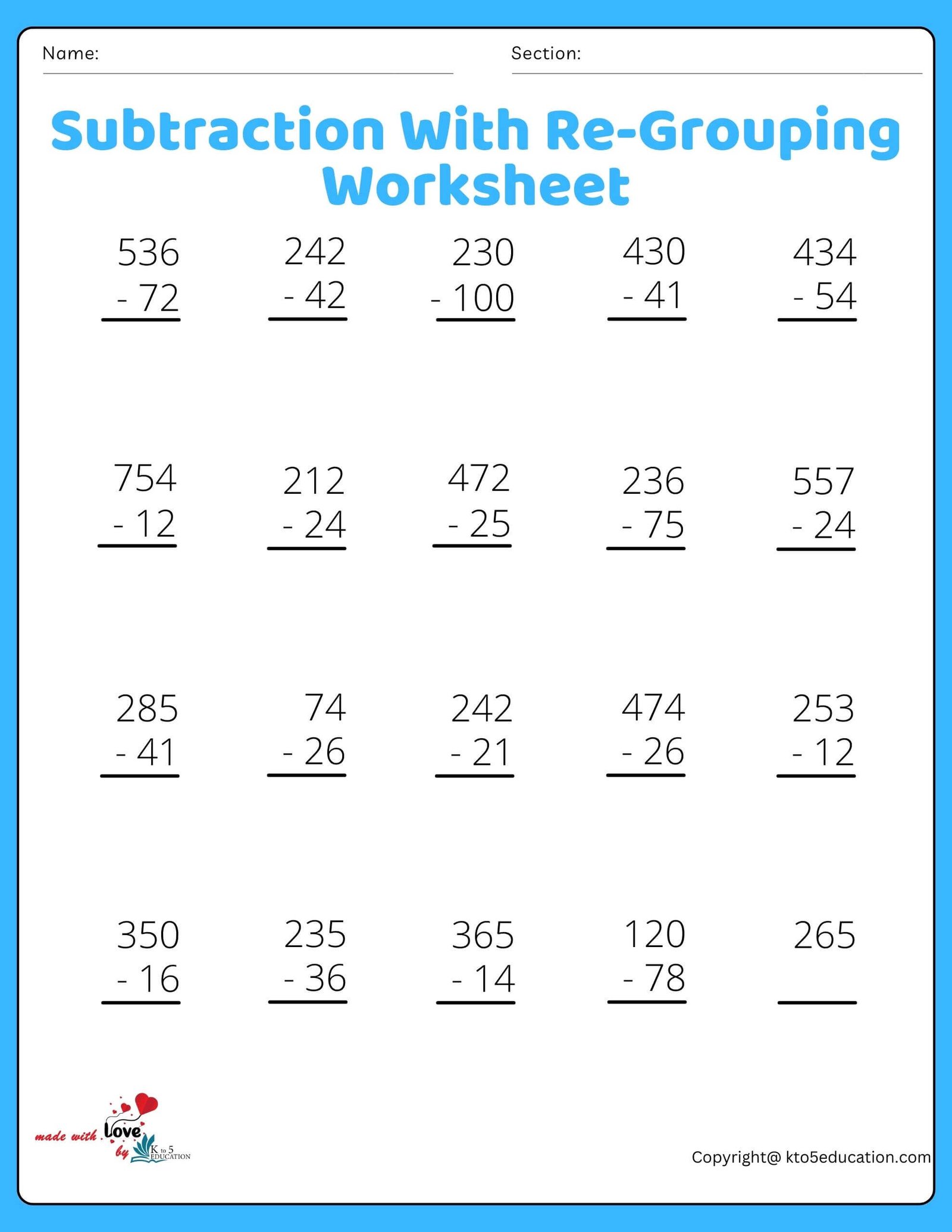 Subtractions With Re-Grouping Worksheets