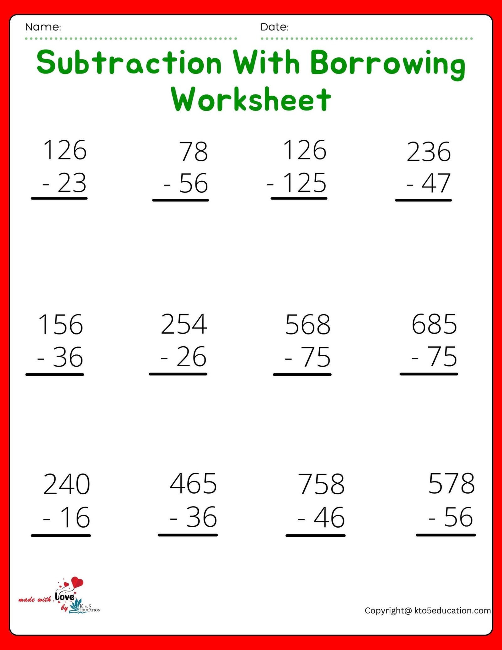 Third Grade Subtraction With Borrowing Worksheet Free 6747