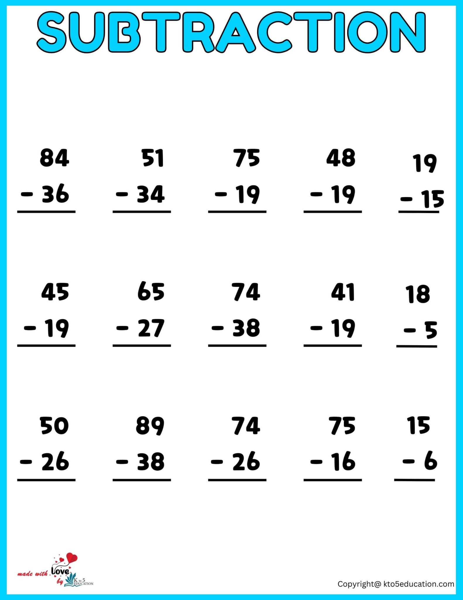 Third Graders Subtraction Worksheets FREE Download