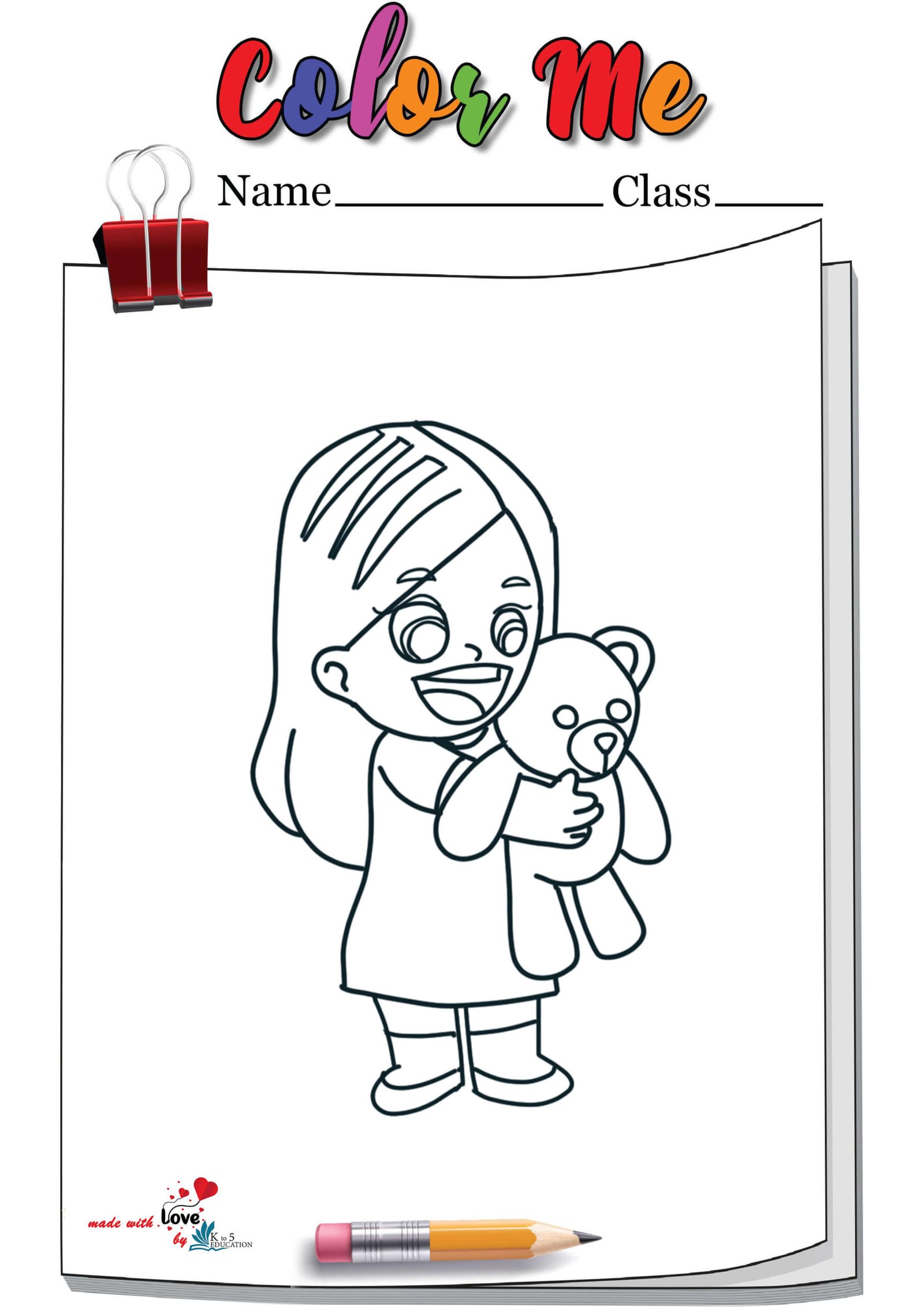 A Girl Carrying Teddy Bear Coloring Page